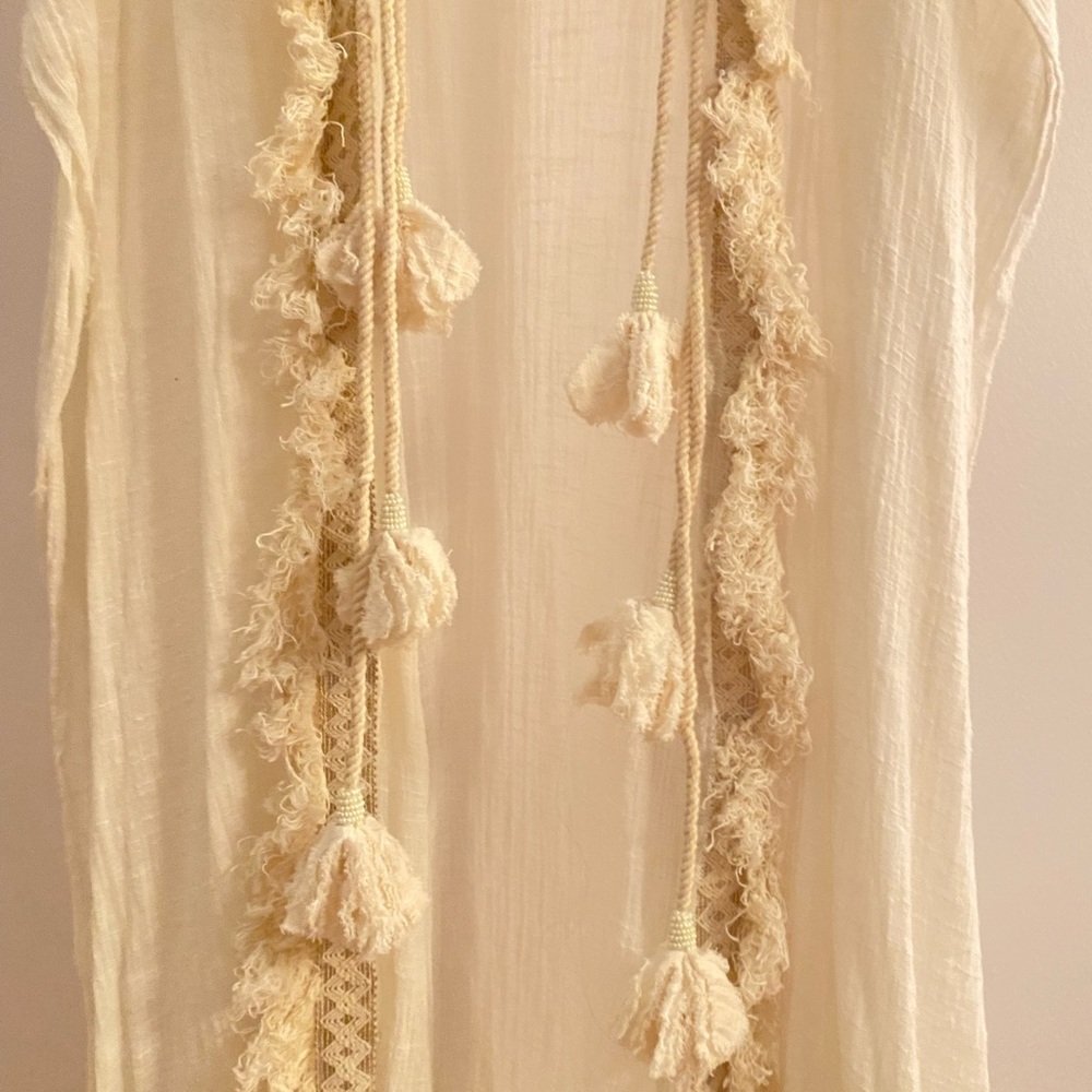 Z & L Europe CoverUp Maxi Ivory Boho Fringe Duster Tassels Caftan Tunic Swim FS - Picture 5 of 9